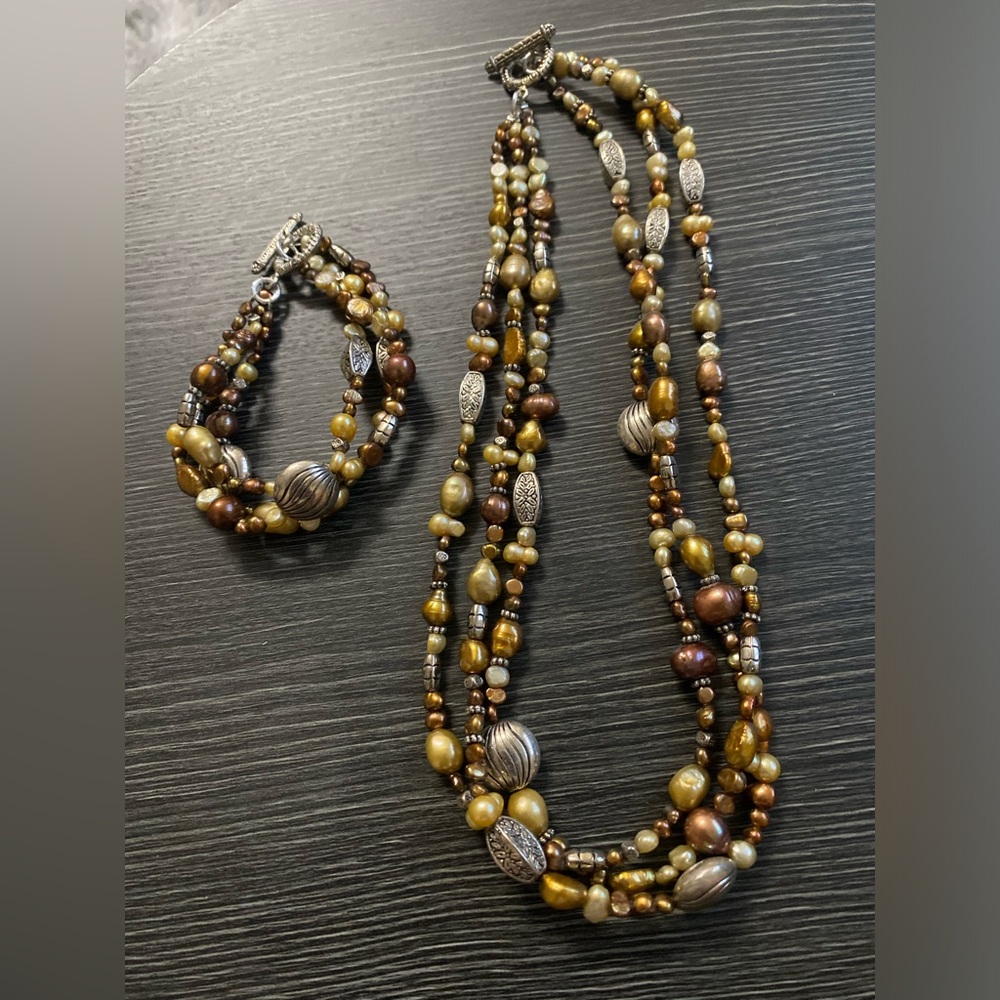 Multi-Strand Brown & Gold  fresh water pearls Necklace with Matching Bracelet